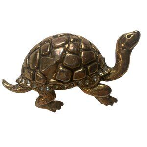 Vintage Gold Tone Turtle Brooch Pin Rhinestone Accents Tortoise 2.5 inch